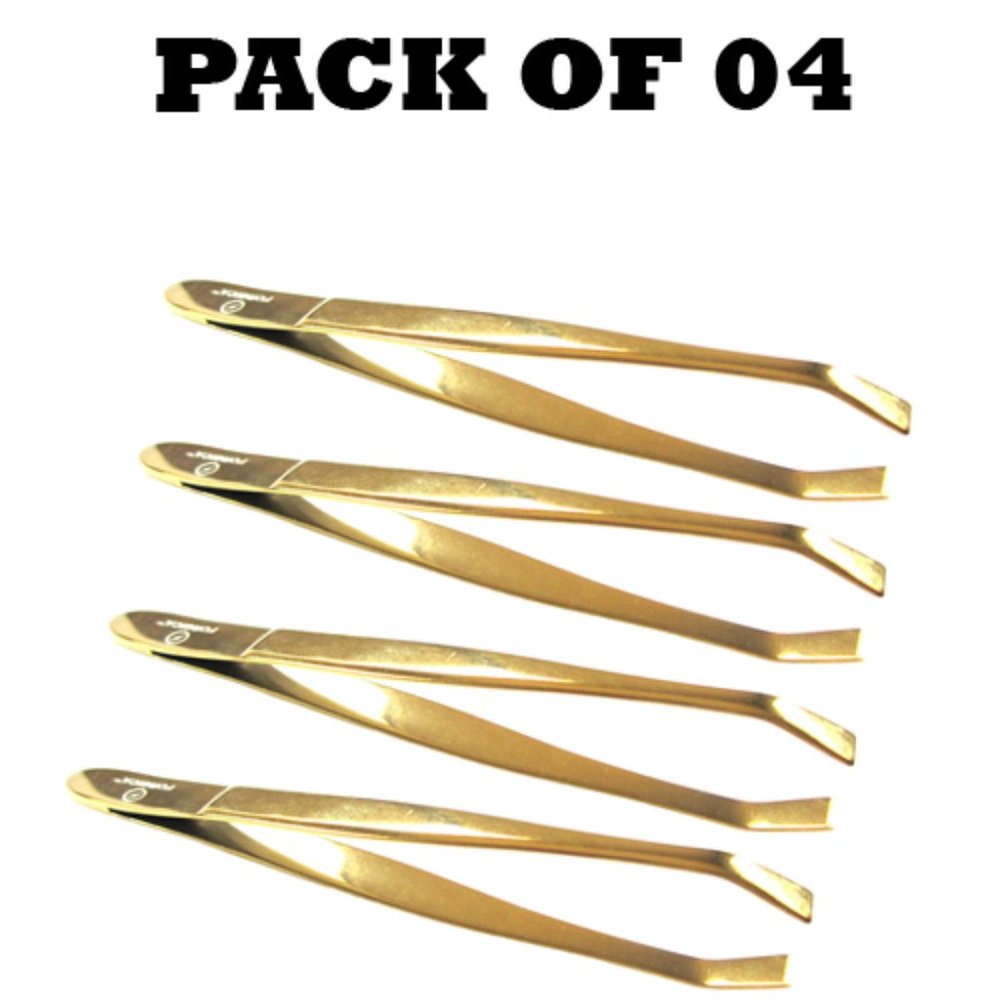 Forgica Gold Tweezers Curved Titanium Gold Color For Long Lasting Pack of 04